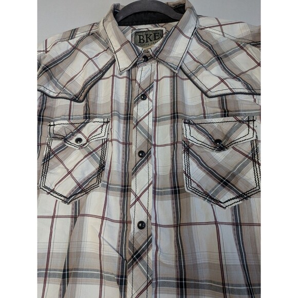 BKE Pearl Snap Button Shirt Mens XL Athletic Fit Black White Plaid Long Sleeve - Picture 4 of 16